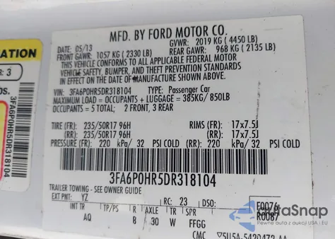 2013 Ford Fusion Se из США, поврежденный, VIN 3FA6P0HR5DR318104